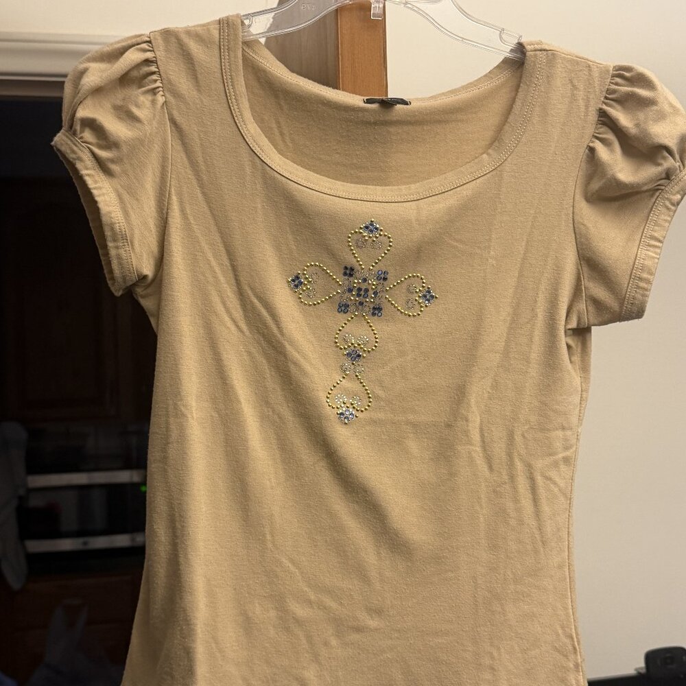 Short Sleeve Blouse with Gorgeous Rhinestone Cross (Size = M)